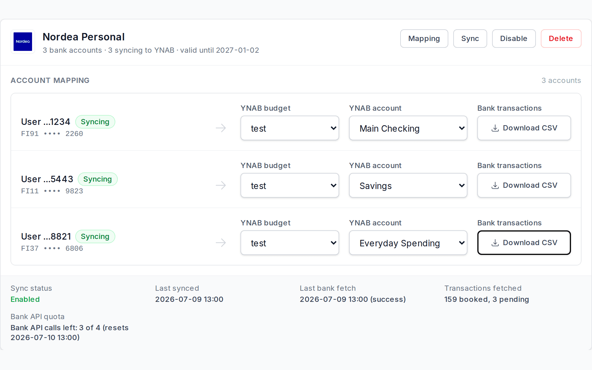 Dashboard showing bank accounts linked to YNAB accounts